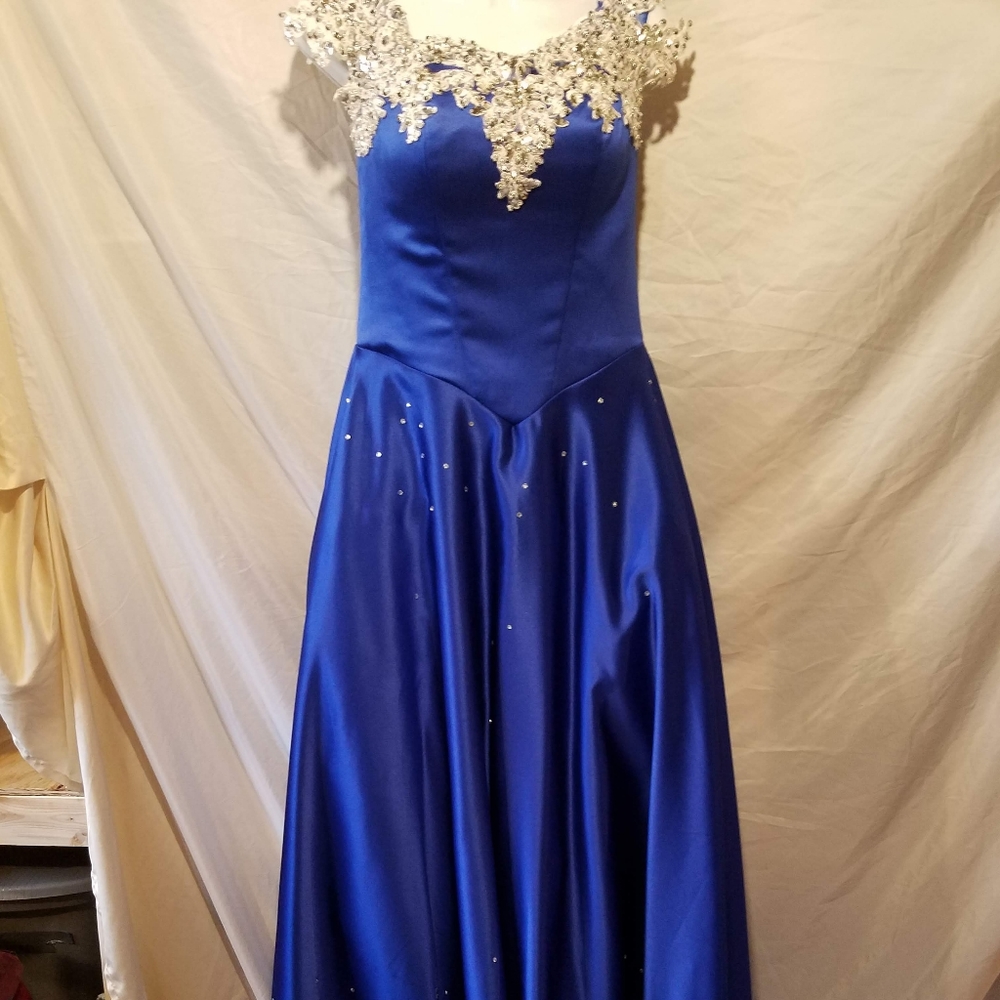 Royal Blue, lace up gown with long train